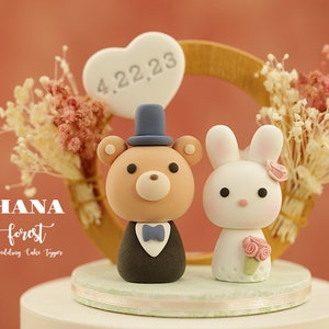bunny and bear wedding cake topper,bride and groom cake topper,rabbit and bear cake topper,custom wedding cake topper,birthday cake topper