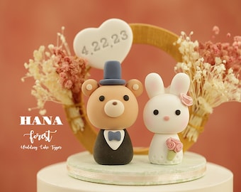 bunny and bear wedding cake topper,bride and groom cake topper,rabbit and bear cake topper,custom wedding cake topper,birthday cake topper