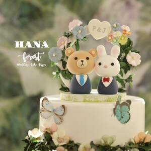 bunny and bear wedding cake topper,bride and groom cake topper,rabbit and bear cake topper,custom wedding cake topper,birthday cake topper