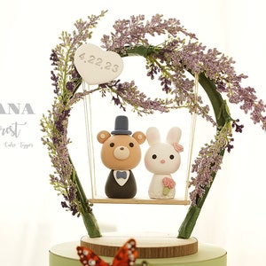 bunny and bear wedding cake topper,bride and groom cake topper,rabbit and bear cake topper,custom wedding cake topper,birthday cake topper