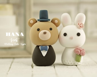 bunny and bear wedding cake topper,bride and groom cake topper,rabbit and bear cake topper,custom wedding cake topper,birthday cake topper