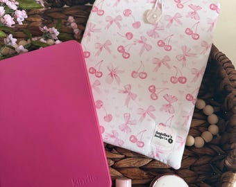 PRETTY IN PINK book sleeve- pink cherries & bows, kindle sleeve, padded book protector, romance reader gift