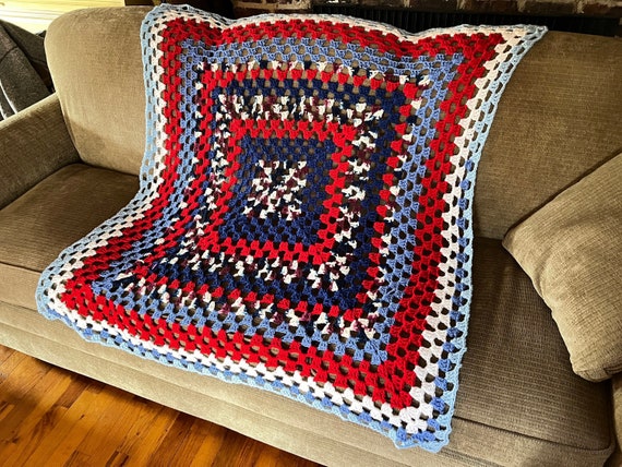 Red, white, and blue patriotic blanket or couch throw - crochet American blanket with granny square pattern - 48 inches by 48 inches