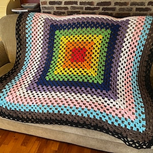 Rainbow gay pride blanket - Progress flag colors with granny squares - 55 inches by 55 inches