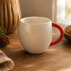 Mug en céramique fait main avec anse rouge, mug à café moderne, tasse en céramique minimaliste, mug à thé artisanal, verrerie en céramique contemporaine