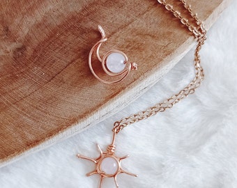 Moon Sun Pendant ''Inner Peace'' in Rose Quartz. Handmade natural stone
