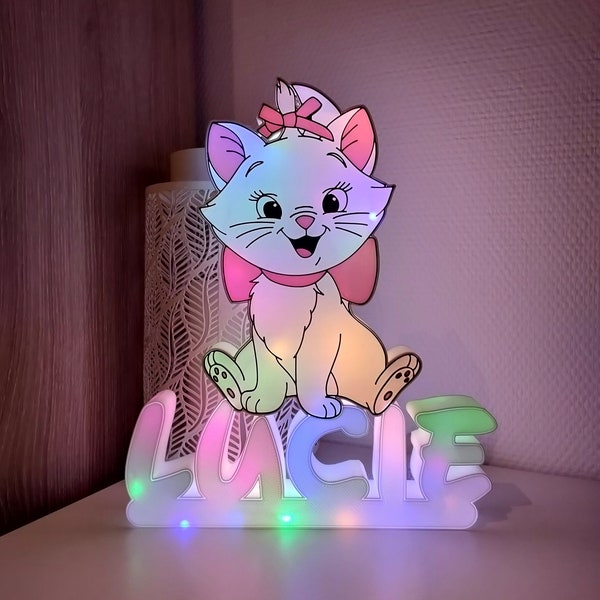 Veilleuse prénom enfant "Marie des aristochats", cadeau personnalisé, Cadeau anniversaire, Baptême, Naissance, Impression 3D