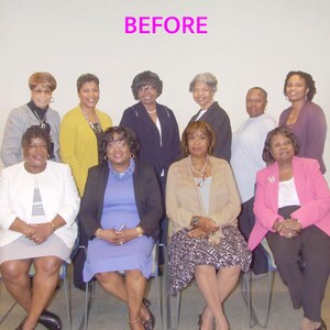 May include: A group of women pose for a photo, seated and standing. They are wearing a variety of business casual attire, including blazers, dresses, and skirts. The word "BEFORE" is displayed in pink text at the top of the image.