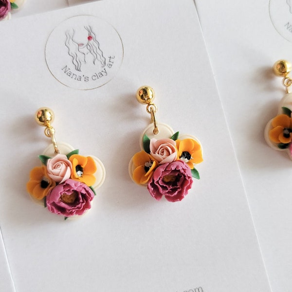 Clover shape cute earrings | Floral handmade polymer clay dangle drop | peony earrings | Flower  earrings, gift for her | pink rose | peony