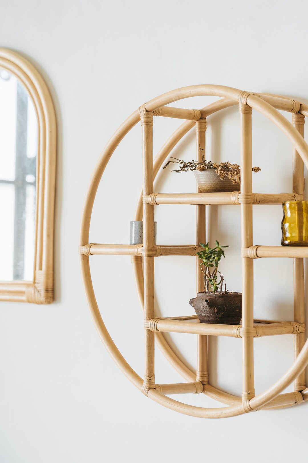 Round Rattan Wall Shelf Round Hanging Plant Stand Bamboo Etsy Australia