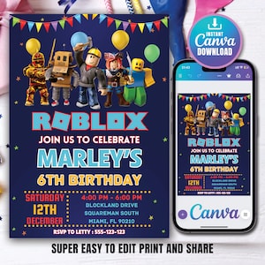 Roblox Birthday Invitation, Roblox Game Party, Roblox Invitation, Kids Roblox Invite, Printable Editable Canva Template, Instant Download