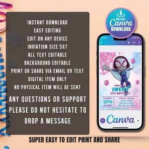 May include: A digital invitation template for a 5th birthday party featuring a cartoon image of Gwen Stacy, also known as Spider-Gwen, in her superhero costume. The invitation is designed in a pink, purple, and blue color scheme with a web pattern and balloons. The text on the invitation reads "Swing into Gwen's 5th Birthday".