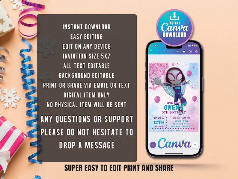 May include: A digital invitation template for a 5th birthday party featuring a cartoon image of Gwen Stacy, also known as Spider-Gwen, in her superhero costume. The invitation is designed in a pink, purple, and blue color scheme with a web pattern and balloons. The text on the invitation reads "Swing into Gwen's 5th Birthday".