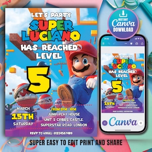 Super Mario Birthday Invitation, Birthday Invitation, Super Mario Invitation, Editable Printable Mario Invitation Birthday Template Canva