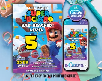 Super Mario verjaardagsuitnodiging, verjaardagsuitnodiging, Super Mario uitnodiging, bewerkbare afdrukbare Mario uitnodiging verjaardag sjabloon Canva
