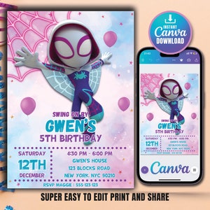 Invito Spidey Spidey e i suoi fantastici amici Gwen Invito alla festa di compleanno Invito di compleanno per ragazze Modello modificabile Download digitale istantaneo