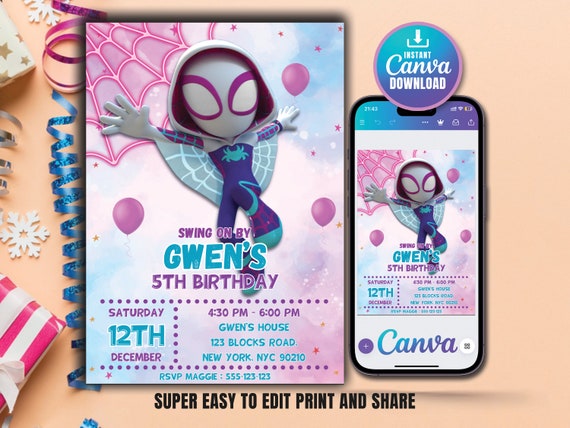 Spidey Invitation Spidey and his Amazing Friends Gwen Birthday Party Invite Girls Birthday Invite Editable Template Instant Digital Download