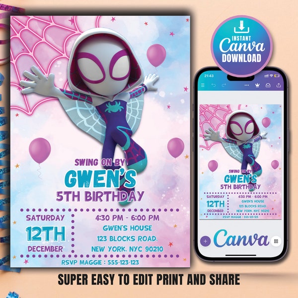 Spidey Invitation Spidey and his Amazing Friends Gwen Birthday Party Invite Girls Birthday Invite Editable Template Instant Digital Download