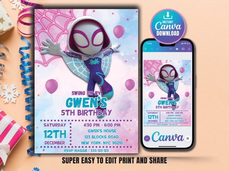 May include: A pink and blue birthday invitation featuring a cartoon character of Gwen Stacy, also known as Spider-Gwen, swinging on a web. The invitation includes the text "Swing on by Gwen's 5th Birthday" and details for the party, including the date, time, and location.