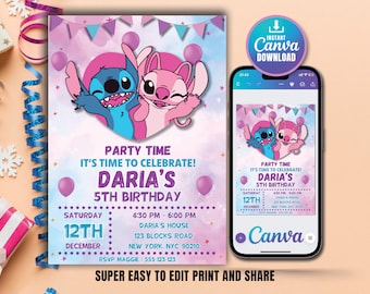 Stitch Birthday Invitation Template Editable Stitch Girls Birthday Invitation Stitch Angel Birthday Invitation Stitch Invite Canva template