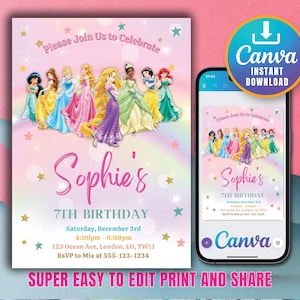 Princess Birthday Invitation Template Editable Printable Invite Instant Download Girls Kids Birthday invite Canva Template