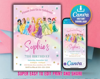 Princess Birthday Invitation Template Editable Printable Invite Instant Download Girls Kids Birthday invite Canva Template