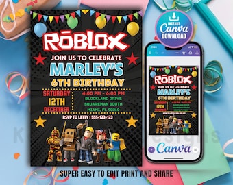 Invitación de cumpleaños de Roblox, fiesta de juegos de Roblox, invitación de Roblox, invitación de Roblox para niños, plantilla de Canva editable e imprimible, descarga instantánea