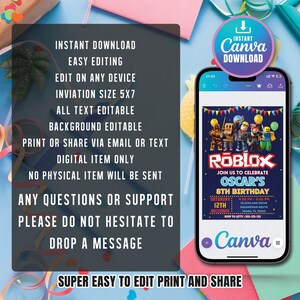 Puede incluir: Una invitaci&oacute;n digital para una fiesta de cumplea&ntilde;os con tem&aacute;tica de Roblox. La invitaci&oacute;n es azul con una imagen de personajes de Roblox. El texto de la invitaci&oacute;n dice "&Uacute;nete a nosotros para celebrar el octavo cumplea&ntilde;os de Oscar".
