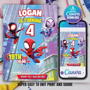 Spidey Einladung Spidey und seine erstaunliche Freunde Geburtstagsfeier einladen Jungen Geburtstag einladen Canva bearbeitbare Vorlage Sofortiger digitaler Download