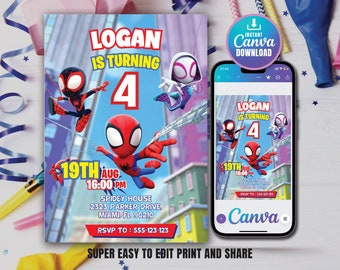 Spidey Invitation Spidey and his Amazing Friends Birthday Party Invite Boys Birthday Invite Canva Editable Template Instant Digital Download