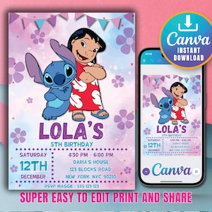 Stitch Birthday Invitation Template Editable Stitch Girls Birthday Invitation Stitch Angel Birthday Invitation Stitch Invite Canva template