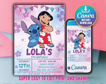 Stitch Birthday Invitation Template Editable Stitch Girls Birthday Invitation Stitch Angel Birthday Invitation Stitch Invite Canva template