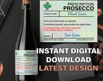 Prescription Prosecco Wine Label Premium Champagne Digital Download Printables Sticker Funny Gift Birthday Anniversary Christmas Party