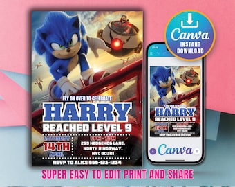 Sonic the Hedgehog verjaardagsuitnodiging - Kids digitale uitnodiging - digitale Sonic uitnodiging - moderne verjaardagssjabloon afdrukbaar - bewerkbaar in Canva