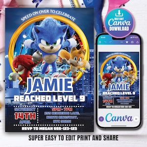 Sonic the Hedgehog Geburtstagseinladung - Kinder Digitale Einladung - Digital Sonic Invite - Moderne Geburtstagsvorlage druckbar - bearbeitbar in Canva