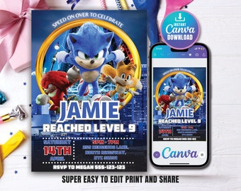 Sonic the Hedgehog-verjaardagsuitnodiging - digitale uitnodiging voor kinderen - digitale Sonic-uitnodiging - moderne verjaardagssjabloon afdrukbaar - bewerkbaar in Canva