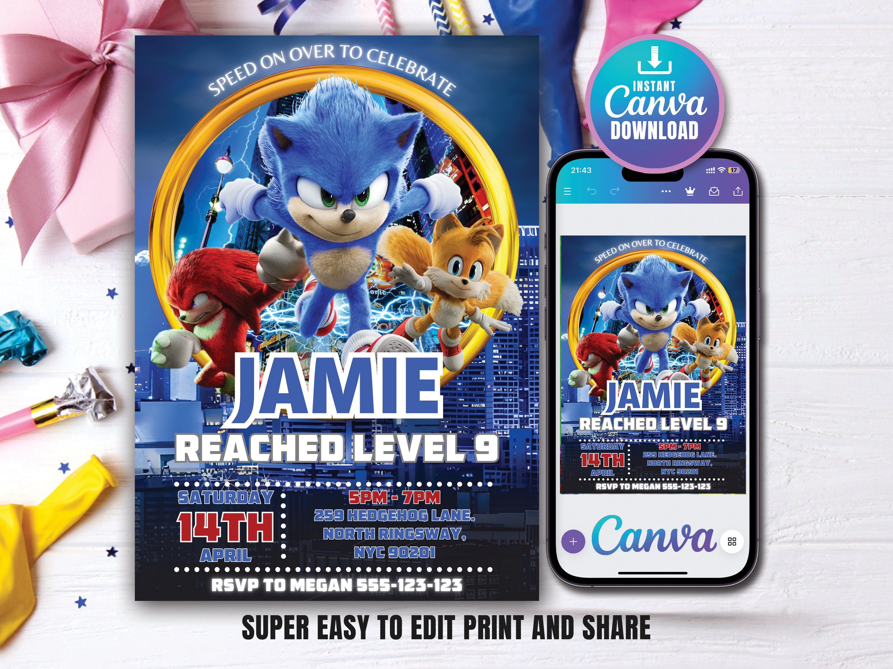 Sonic the Hedgehog Birthday Invitation Kids Digital Invite Digital