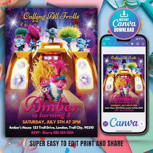 May include: A purple and pink birthday invitation featuring the Trolls characters. The invitation says "Calling All Trolls" and "Amber is turning 5". The invitation includes the date, time, and location of the party. The invitation is editable and can be printed and shared.
