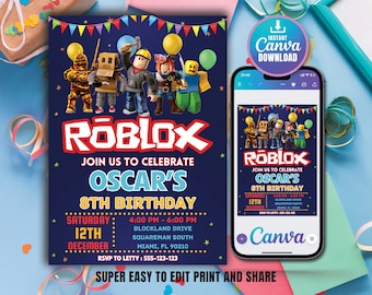 Roblox Birthday Invitation, Roblox Game Party, Roblox Invitation, Kids Roblox Invite, Printable Editable Canva Template, Instant Download