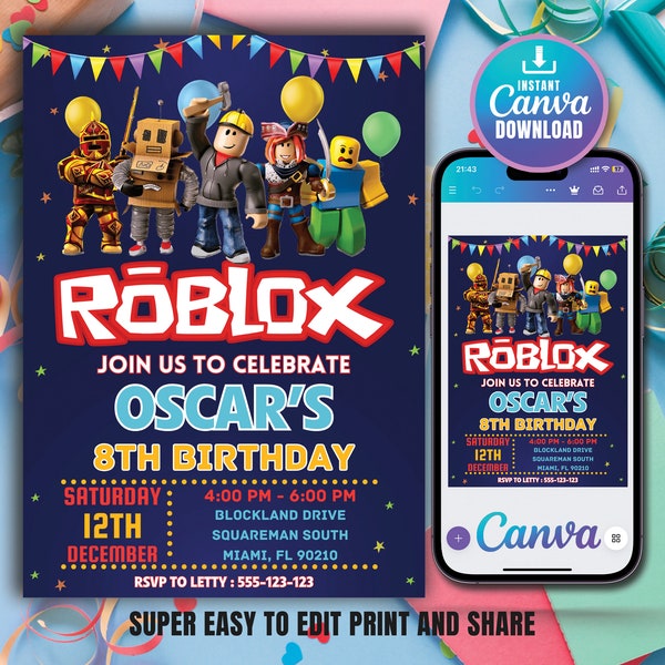 Roblox Birthday Invitation, Roblox Game Party, Roblox Invitation, Kids Roblox Invite, Printable Editable Canva Template, Instant Download