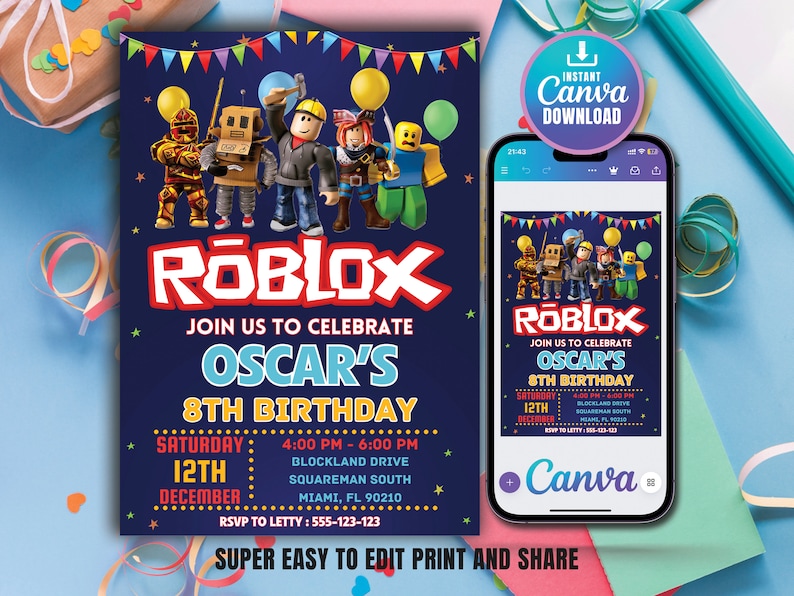 Puede incluir: Una invitaci&oacute;n de cumplea&ntilde;os de Roblox azul y roja para el octavo cumplea&ntilde;os de Oscar. La invitaci&oacute;n presenta un grupo de personajes de Roblox y el texto "&Uacute;nete a nosotros para celebrar el octavo cumplea&ntilde;os de Oscar". La invitaci&oacute;n tambi&eacute;n incluye la fecha, la hora y la ubicaci&oacute;n de la fiesta. RSVP a Letty: 555-123-123.