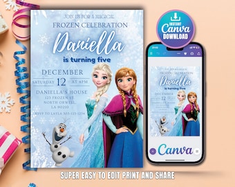 May include: A blue and white invitation with a picture of Elsa and Anna from Frozen. The invitation says "Join us for a magical Frozen Celebration Daniella is turning five" and includes details for the party, including the date, time, and location. The invitation also includes a picture of Olaf from Frozen.