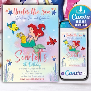 Faire-part d'anniversaire modifiable de la petite sirène Ariel, carte d'invitation de fête d'invitation de petite sirène, princesse de sirène d'invitation de fête | TÉLÉCHARGEMENT IMMÉDIAT