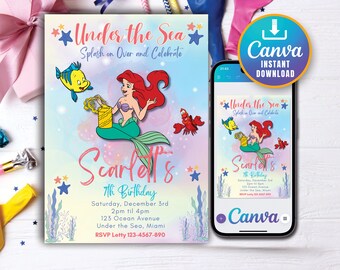 Editable Little Mermaid Ariel Birthday invitation, Little Mermaid invite party invite card, Invite Party Mermaid Princess | INSTANT DOWNLOAD