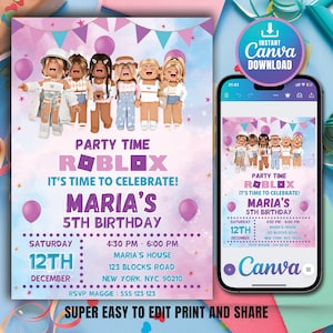 Roblox Invitation, Roblox Invite, Game Party, Roblox Girls Birthday Invitation Template, Girl Roblox, Gamer Girl, Editable Canva Download