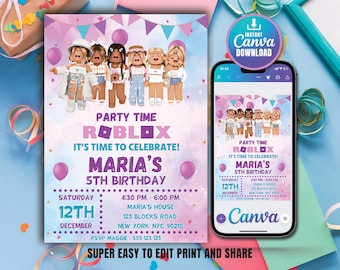 Roblox Invitation, Roblox Invite, Game Party, Roblox Girls Birthday Invitation Template, Girl Roblox, Gamer Girl, Editable Canva Download