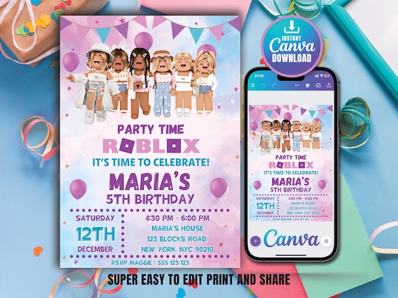 Roblox Invitation, Roblox Invite, Game Party, Roblox Girls Birthday Invitation Template, Girl Roblox, Gamer Girl, Editable Canva Download
