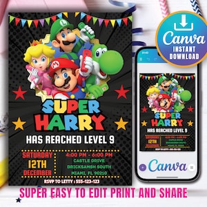 Mario Bros Einladung, Super Mario Geburtstagseinladung, Super Brothers Junge einladen, Videospiel, Kind einladen, bearbeitbare Vorlage, bearbeitbare Canva