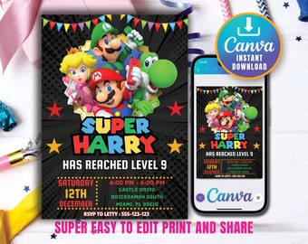 Mario Bros uitnodiging, Super Mario verjaardagsuitnodiging, Super Brothers jongen uitnodigen, videogame, Kid uitnodigen, bewerkbare sjabloon, bewerkbare Canva