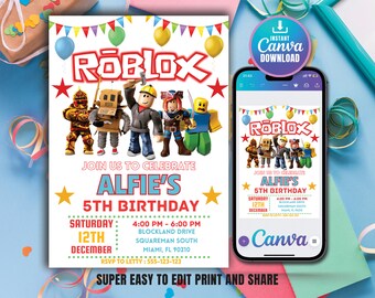 Invitación de cumpleaños de Roblox, fiesta de juegos de Roblox, invitación de Roblox, invitación de Roblox para niños, plantilla de Canva editable imprimible, descarga instantánea